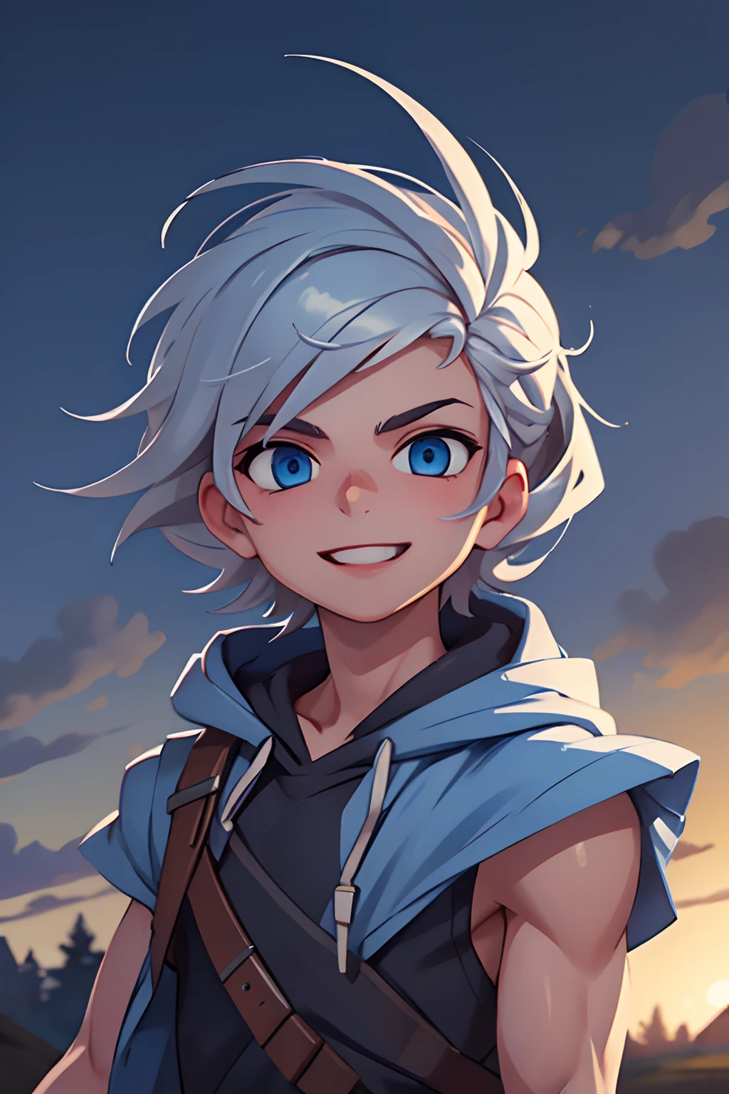 masterpiece,  1boy,  young,  handsome,  silver messy hair,  perfect face,  detailed eyes and face,  blue eyes, toothy smile,  sleeveless hood,  clean shaved,  capturing a rural atmosphere,  dynamic lighting