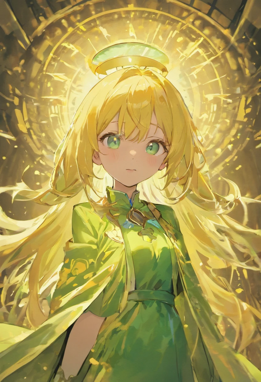 {{Best quality}}, {{Masterpiece}}, {{super ultra detail}}, {{illustration}}, {{Detailed light}}, one-girl，Lime yellow hair，O cabelo multicolorido, Turquoise eyes, Loli style,( beast ear)，The robes of the priests，green color，(Dynamic lighting:1.2)，