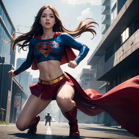 (1girl), solo,  long hair, full body, supergirl, crop top, superhero landing