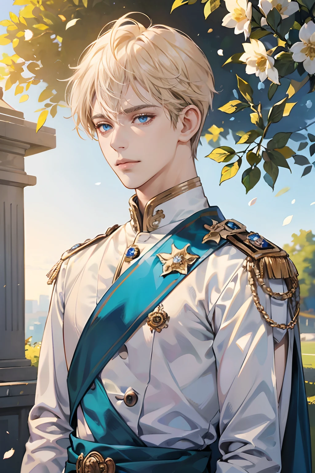 (tmasterpiece, high resolution, ultra - detailed:1.0), (1boy, adult male), Perfect male body,Eyes look at the camera, (prince:1.3), Delicate eyes and delicate face, Extremely detailed CG, Unity 8k wallpaper, Complicated details, solo person, Detailed face, (White royal costume, with short golden hair, Blue eyes, Sad expression), Outdoor, sonoko, Flowers and trees, marbled columns, color difference, Depth of field, dramatic shadow, Ray tracing, Best quality, Portrait