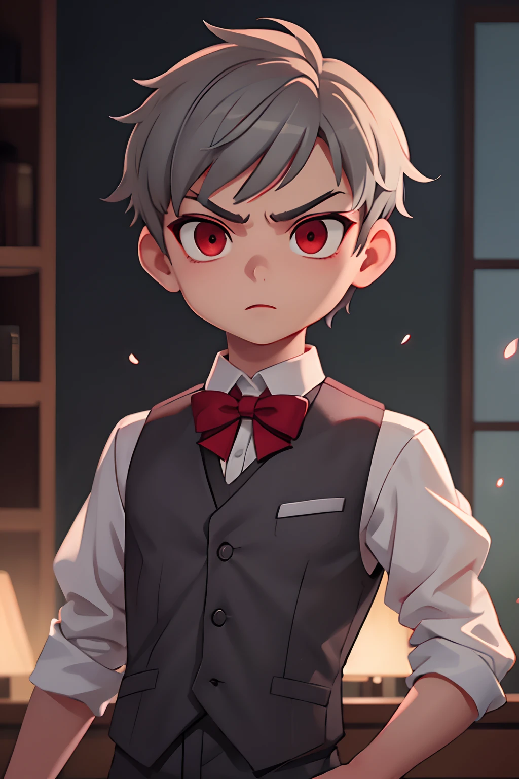 masterpiece,  1boy,  young,  handsome,  ash grey short hair,  perfect face,  detailed eyes and face,  red eyes, serious expression, vest,  clean shaved,  capturing an elegant atmosphere,  dynamic lighting