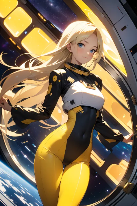 (masterpiece, best quality:1.2), solo, 1girl, mori yuki, slight smile, closed mouth, side view, looking at viewer, blonde hair, long hair, yellow bodysuit, skin-tight, perfect body, large window, (starship porthole:1.3), legs apart slightly, (standing:1.1)...