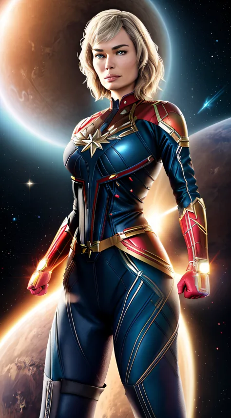 hyper real full-body photo of ((Lena Headey:1.4)), wears (Captain Marvel suit:1.2), in the space, planet Mars on background, bea...