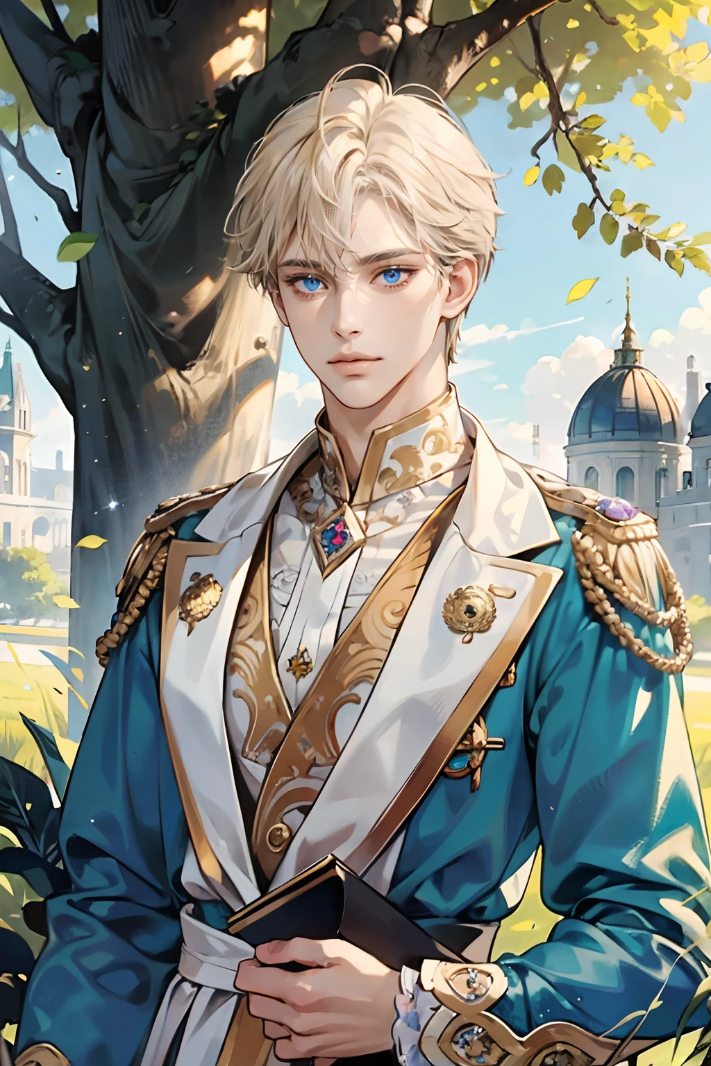 (tmasterpiece, high resolution, ultra - detailed:1.0), (1boy, adult male), Perfect male body,Eyes look at the camera, (prince:1.3), Delicate eyes and delicate face, Extremely detailed CG, Unity 8k wallpaper, Complicated details, solo person, Detailed face, (White royal costume, with short golden hair, Blue eyes, Sad expression), Outdoor, sonoko, Flowers and trees, marbled columns, color difference, Depth of field, dramatic shadow, Ray tracing, Best quality, Portrait