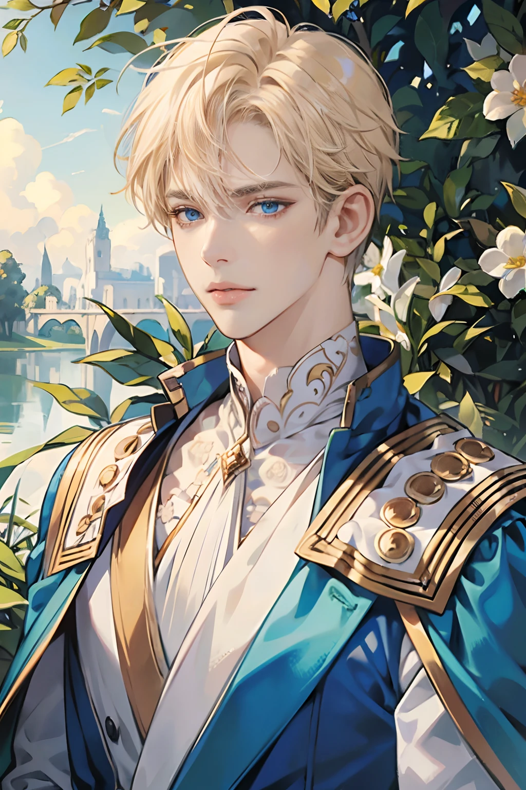 (tmasterpiece, high resolution, ultra - detailed:1.0), (1boy, adult male), Perfect male body,Eyes look at the camera, (prince:1.3), Delicate eyes and delicate face, Extremely detailed CG, Unity 8k wallpaper, Complicated details, solo person, Detailed face, (White royal costume, with short golden hair, Blue eyes, Sad expression), Outdoor, sonoko, Flowers and trees, marbled columns, color difference, Depth of field, dramatic shadow, Ray tracing, Best quality, Portrait