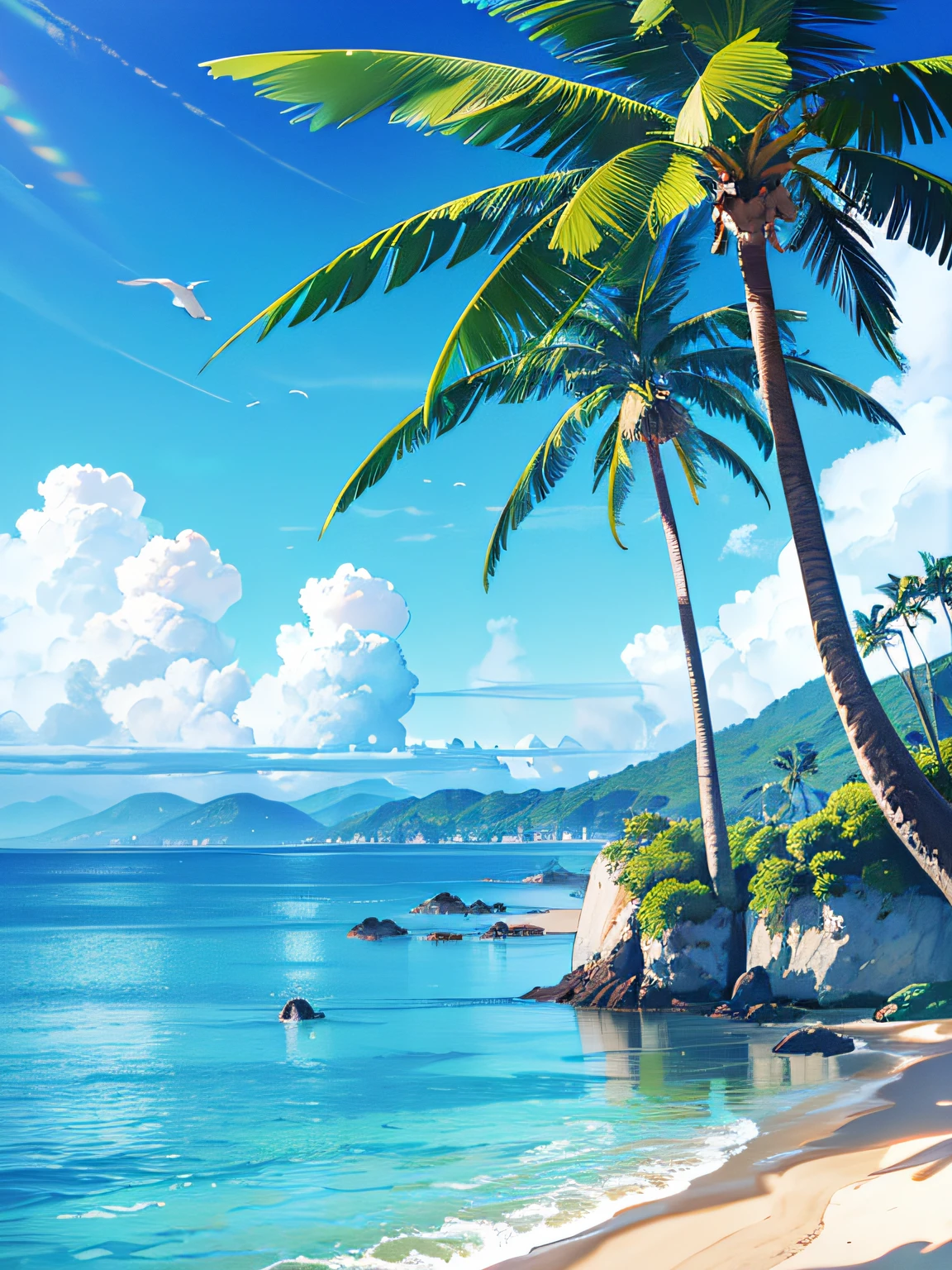 (best quality,4k,8k,highres,masterpiece:1.2),ultra-detailed,(realistic,photorealistic,photo-realistic:1.37),blue-sky,baiyun,Birds in the distance,the sea,Expansive picture,Faraway view,landscape,ocean waves,peaceful,tranquil,fresh air,serene atmosphere,soft sunlight,subtle breeze,sandy beach,seagulls flying,scenic beauty,endless horizon,vibrant colors,sky reflection on the sea surface,lush greenery,trees swaying,palm tree, tree trunk,mountains in the background,splendid beauty of nature,harmony between land and sea,relaxing environment, only background, only scenery,