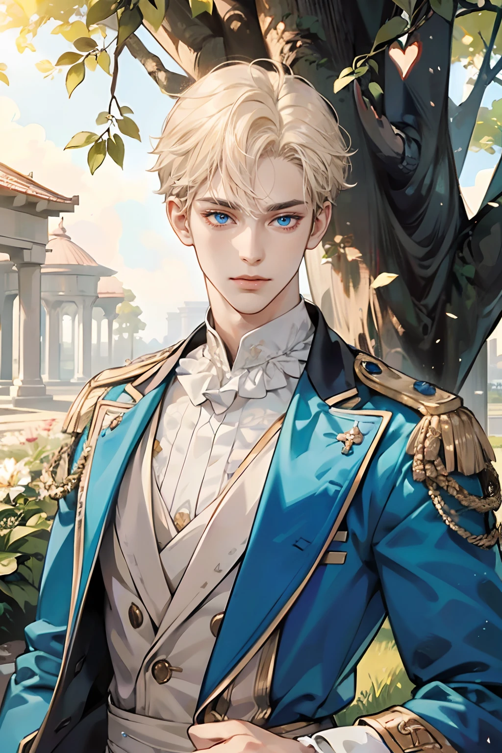 (tmasterpiece, high resolution, ultra - detailed:1.0), (1boy, adult male), Perfect male body,Eyes look at the camera, (prince:1.3), Delicate eyes and delicate face, Extremely detailed CG, Unity 8k wallpaper, Complicated details, solo person, Detailed face, (White royal costume, with short golden hair, Blue eyes, Sad expression), Outdoor, sonoko, Flowers and trees, marbled columns, color difference, Depth of field, dramatic shadow, Ray tracing, Best quality, Portrait