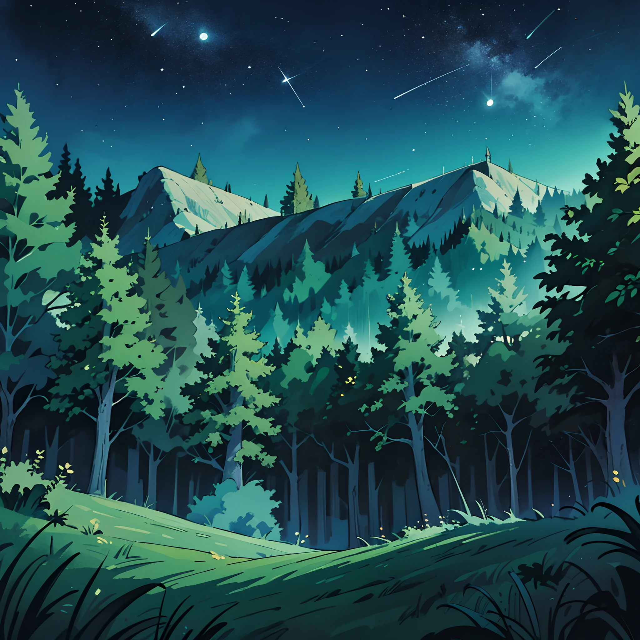 Weite Aufnahme der Waldsommernacht, Wildnis mit leuchtend grünen Bäumen und einem strahlend klaren Nachthimmel. Anime-Hintergrund