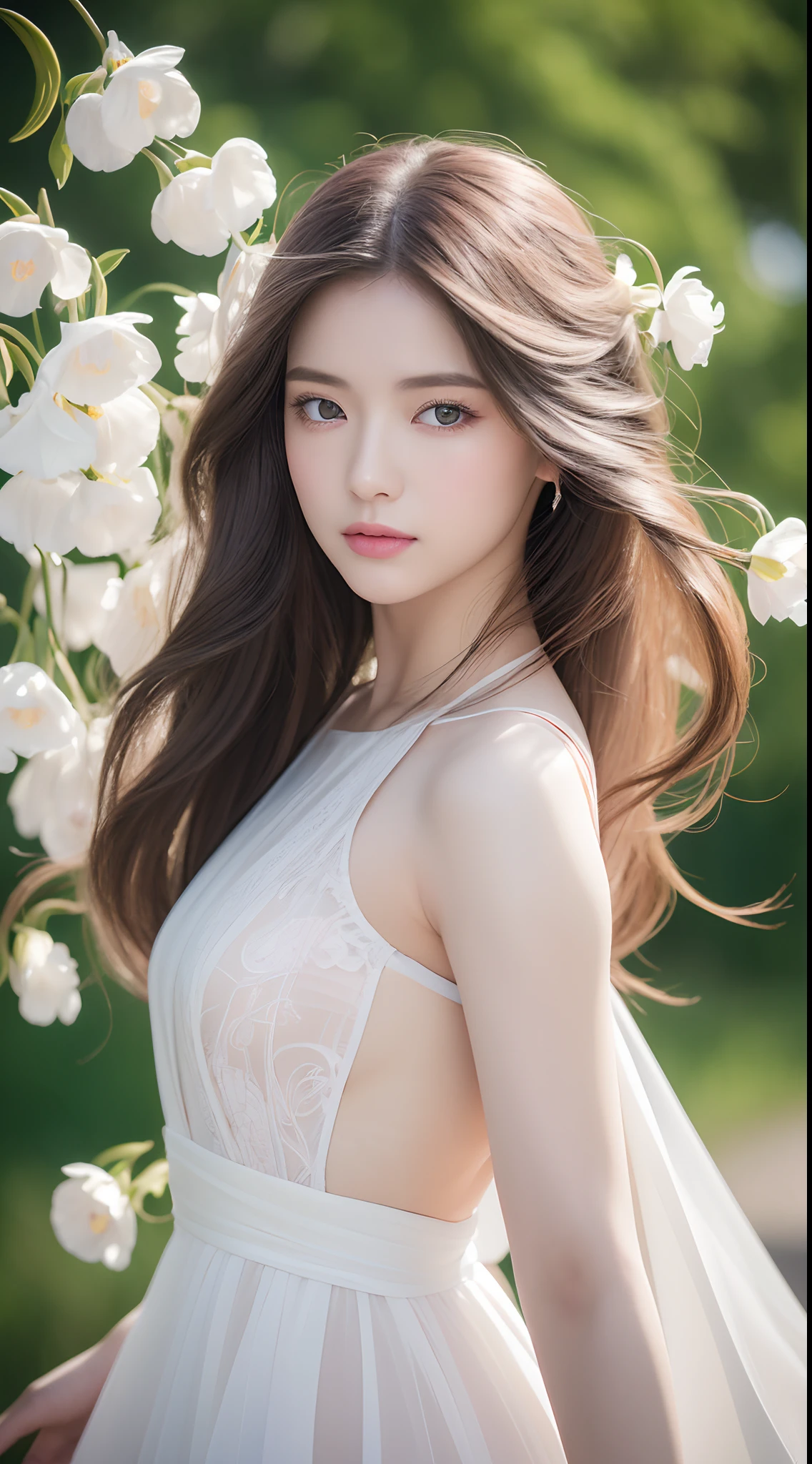 (Best quality,4K,8k,A high resolution,Masterpiece:1.2),Ultra-detailed,(Realistic,Photorealistic,photo-realistic:1.37),Portrait,woman,Long flowing hair,Off-white iris,Empty gaze,Pink lips,The ends of the hair have white flowers,Graceful figure，The scene is，black-clad