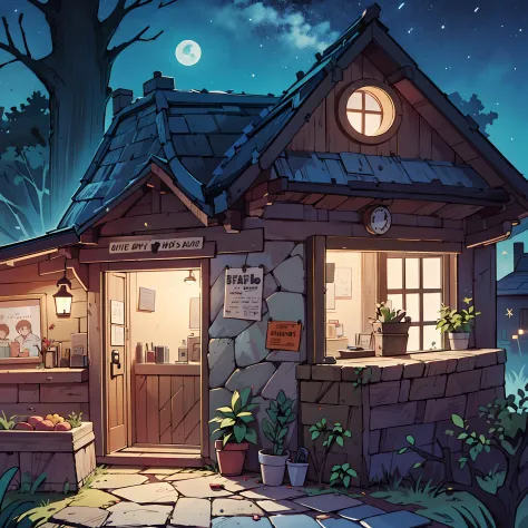 night time, a cozy-looking cabin. A shop with a mysterious door. anime background