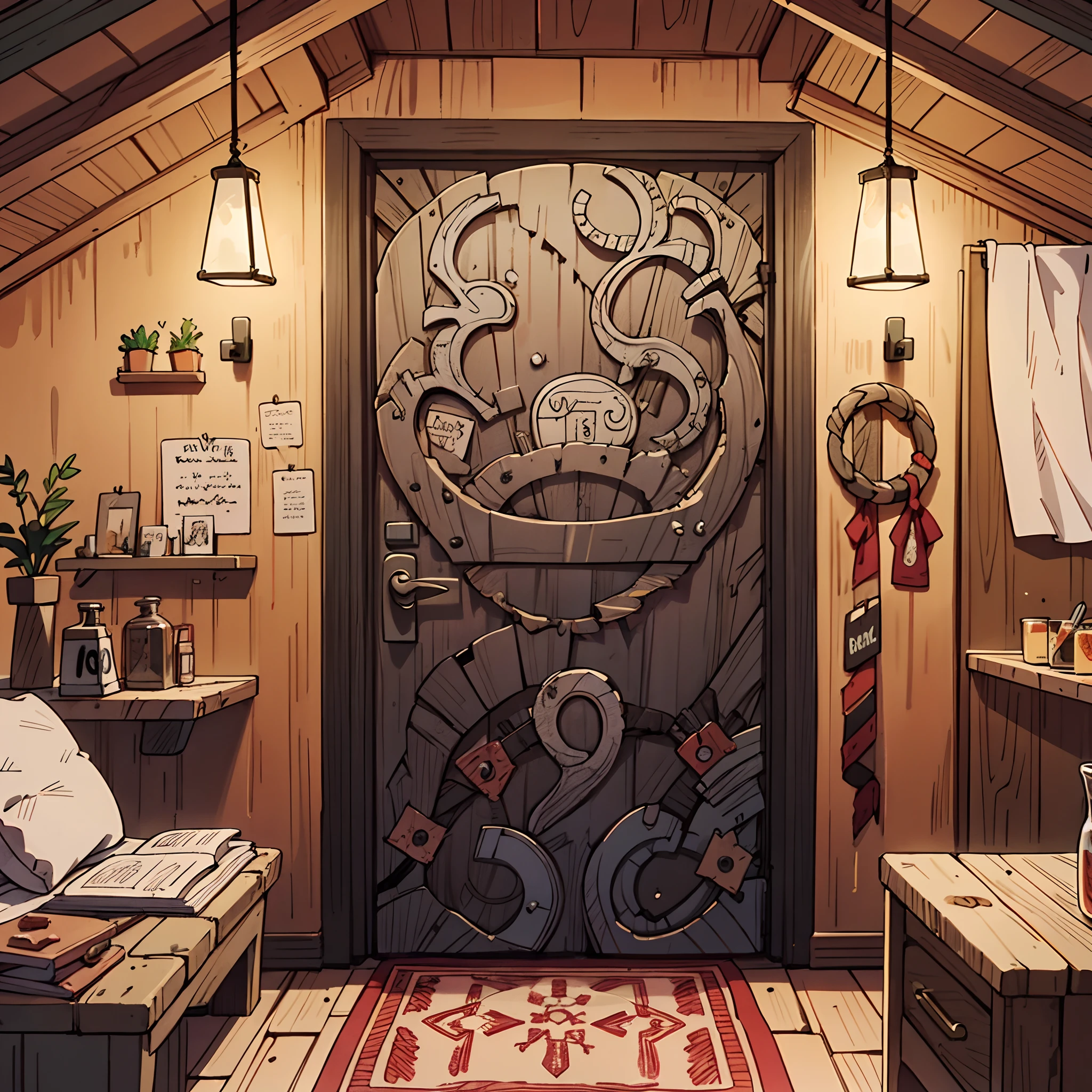 night time, a cozy-looking cabin. A shop with a mysterious door. anime  background - SeaArt AI