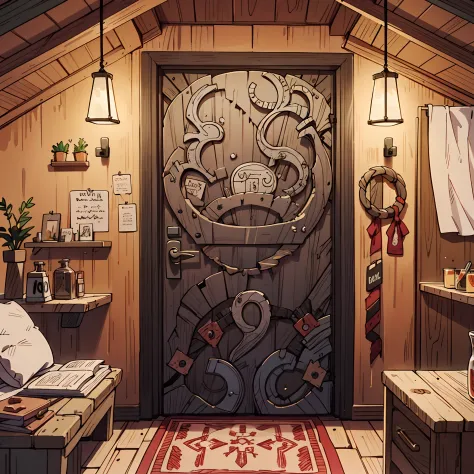 Inside a cozy cabin shop there is a mysterious door, black metal with beautiful ancient patterns. anime background