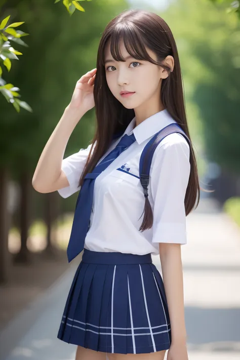 Beautiful schoolgirl in 8K in summer uniform with double eyelids is looking back