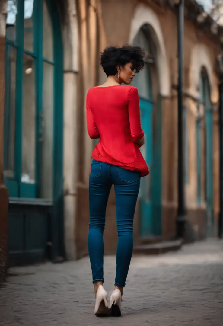 Ultra skinny jeans, young girl with short black hair