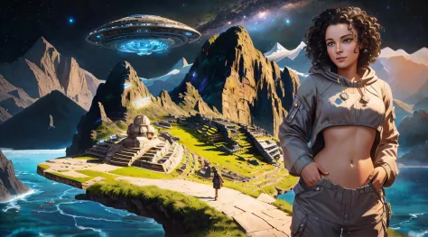 arafed woman standing in front of a mountain with a spaceship flying over her, extraterrestrial paradise, surreal matte painting, 3 d render and matte painting, illustration matte painting, inspired by Johfra Bosschart, alien civilization, ancient alien po...