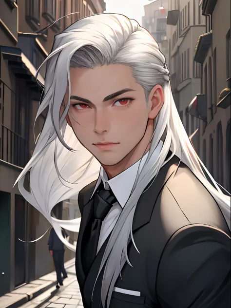 masterpiece, 1boy, young, handsome, silver slicked back long hair, perfect face, detailed eyes and face, red eyes, school uniform, clean shaved, muscular, capturing a european street atmosphere, dynamic lighting