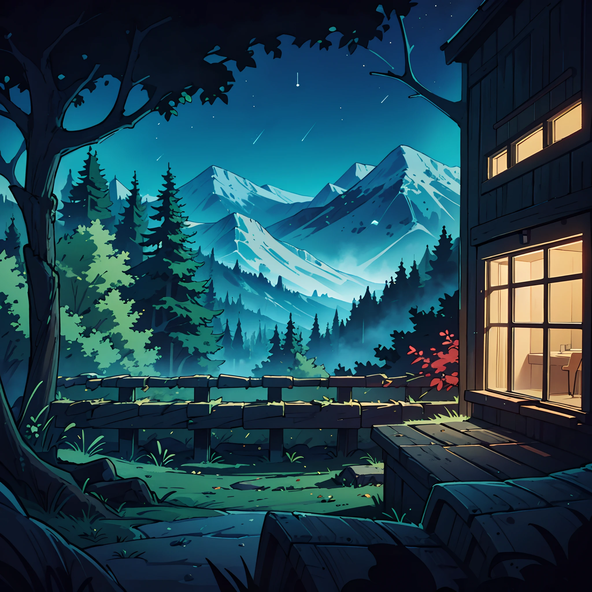 Wide shot of the forest summer night, wilderness with vibrant green trees and a bright, clear night sky, a cozy-looking cabin, The view outside reveals a serene yet eerie ship dock, a stark contrast to the chaos. anime background