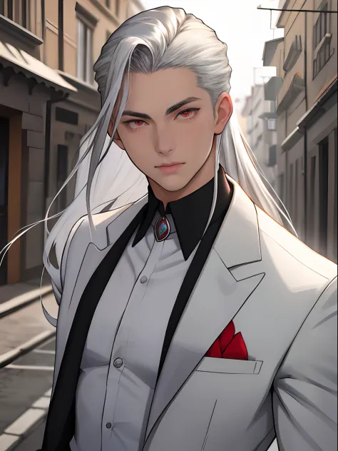 masterpiece, 1boy, young, handsome, silver slicked back long hair, perfect face, detailed eyes and face, red eyes, school uniform, clean shaved, muscular, capturing a european street atmosphere, dynamic lighting