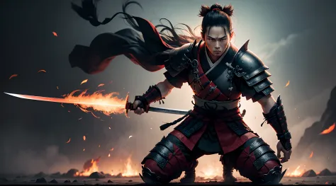 a samurai,kneel down ,after a fight with fire,with samurai sword with fire ,look epic ,realstic , background of war