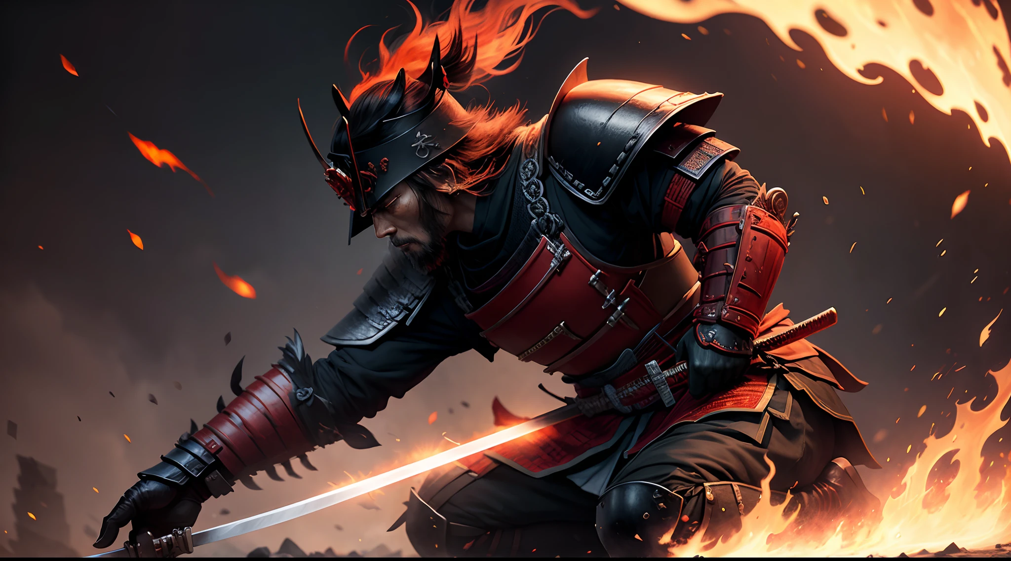 A samurai,kneel down ,after a fight with fire,with Samurai sword with fire ,look epic ,realstic , background of war