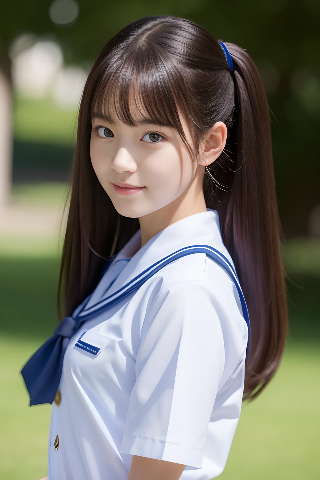 Beautiful schoolgirl in 8K in summer uniform with double eyelids is looking back