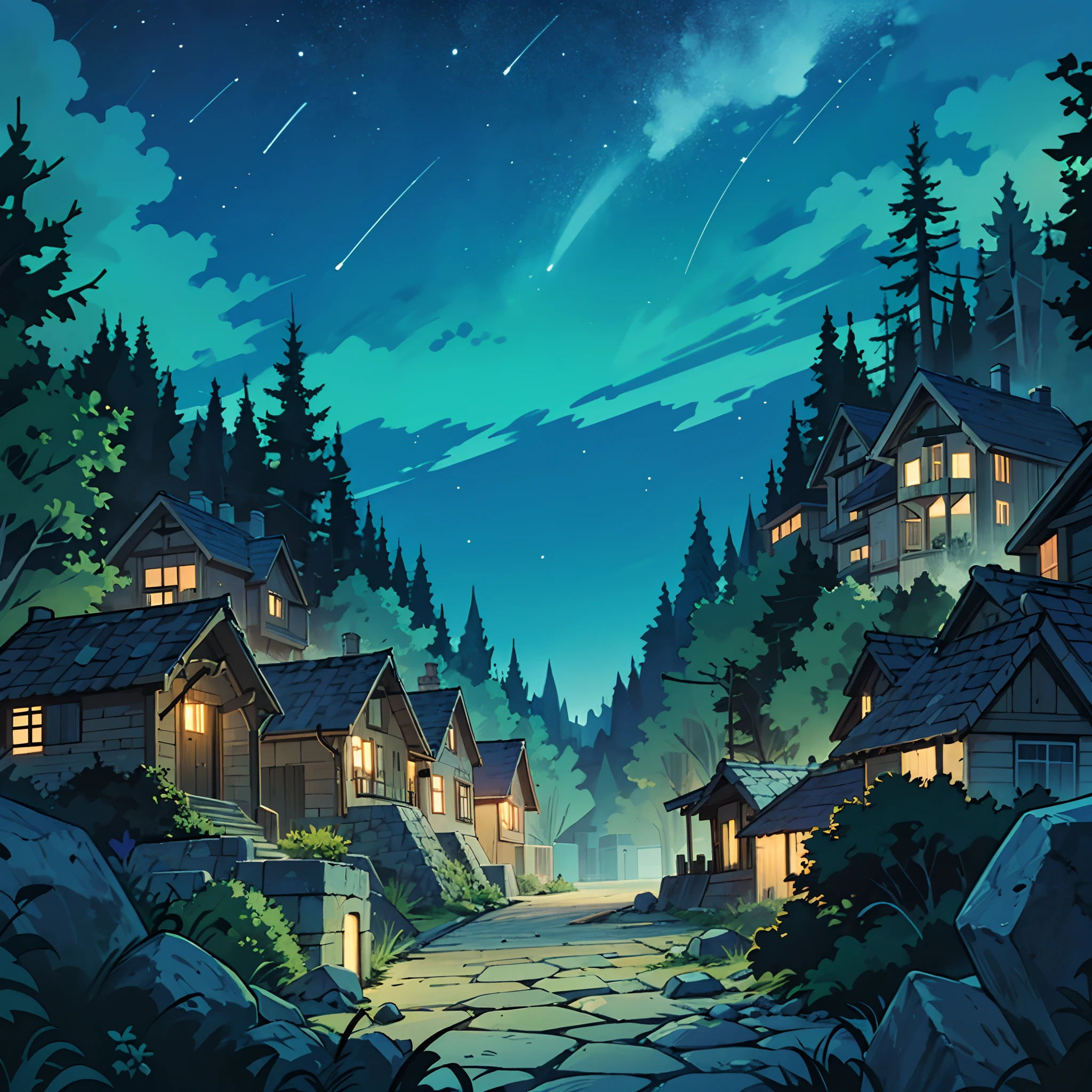 Wide shot of the forest summer night, wilderness with vibrant green trees and a bright, clear night sky, a apartments with stone walkway center to connect them together almost like a village. anime background
