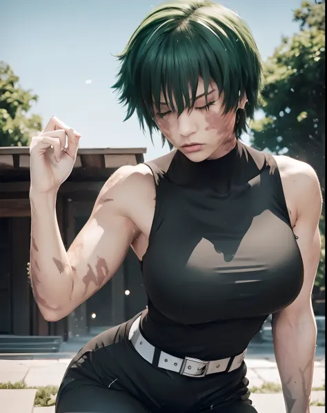 (upper body), 1 woman, Maki Zenin, short hair, green hair, brown eyes, eye details, scars on body, black clothes, black pants, b...