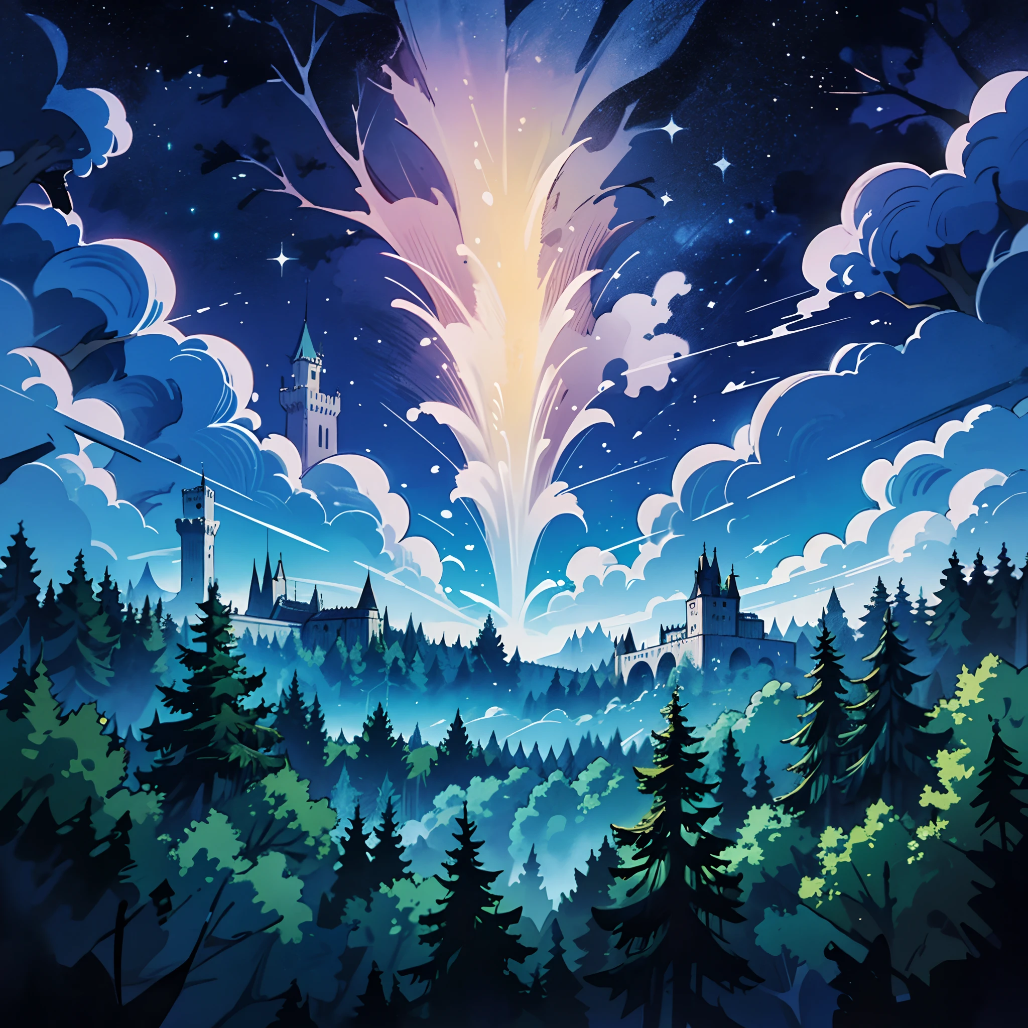 Weite Aufnahme der Waldsommernacht, Wildnis mit leuchtend grünen Bäumen und einem hellen, klarer Nachthimmel, aber es gibt einen weiß-gelben Riss im Himmel, fast wie eine darüber liegende Schicht, weißes gotisches Schloss im Himmel. Anime-Hintergrund