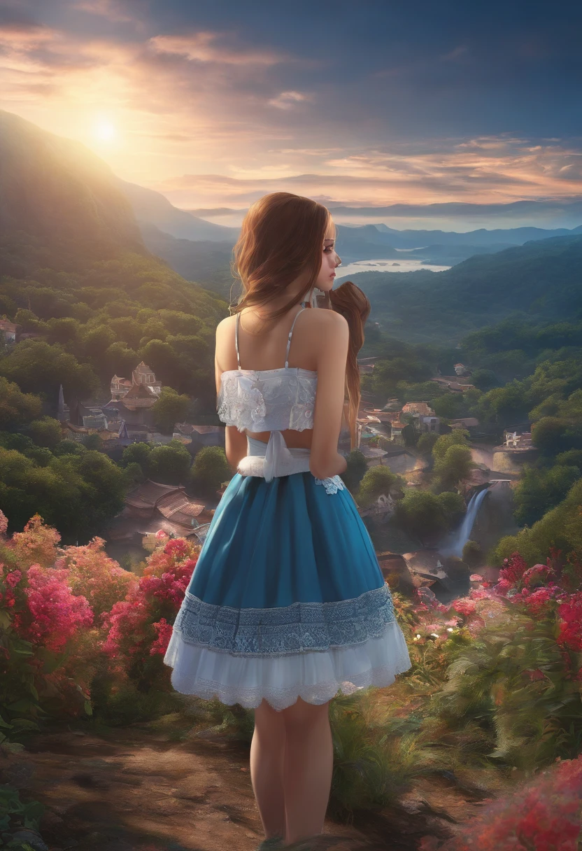 Arafed woman in a blue dress looking at a beautiful landscape - SeaArt AI