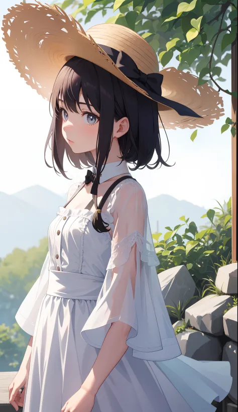 1girl in、AS-Adult、a straw fedora hat、Wearing、（small tits）、Upper body portrait、