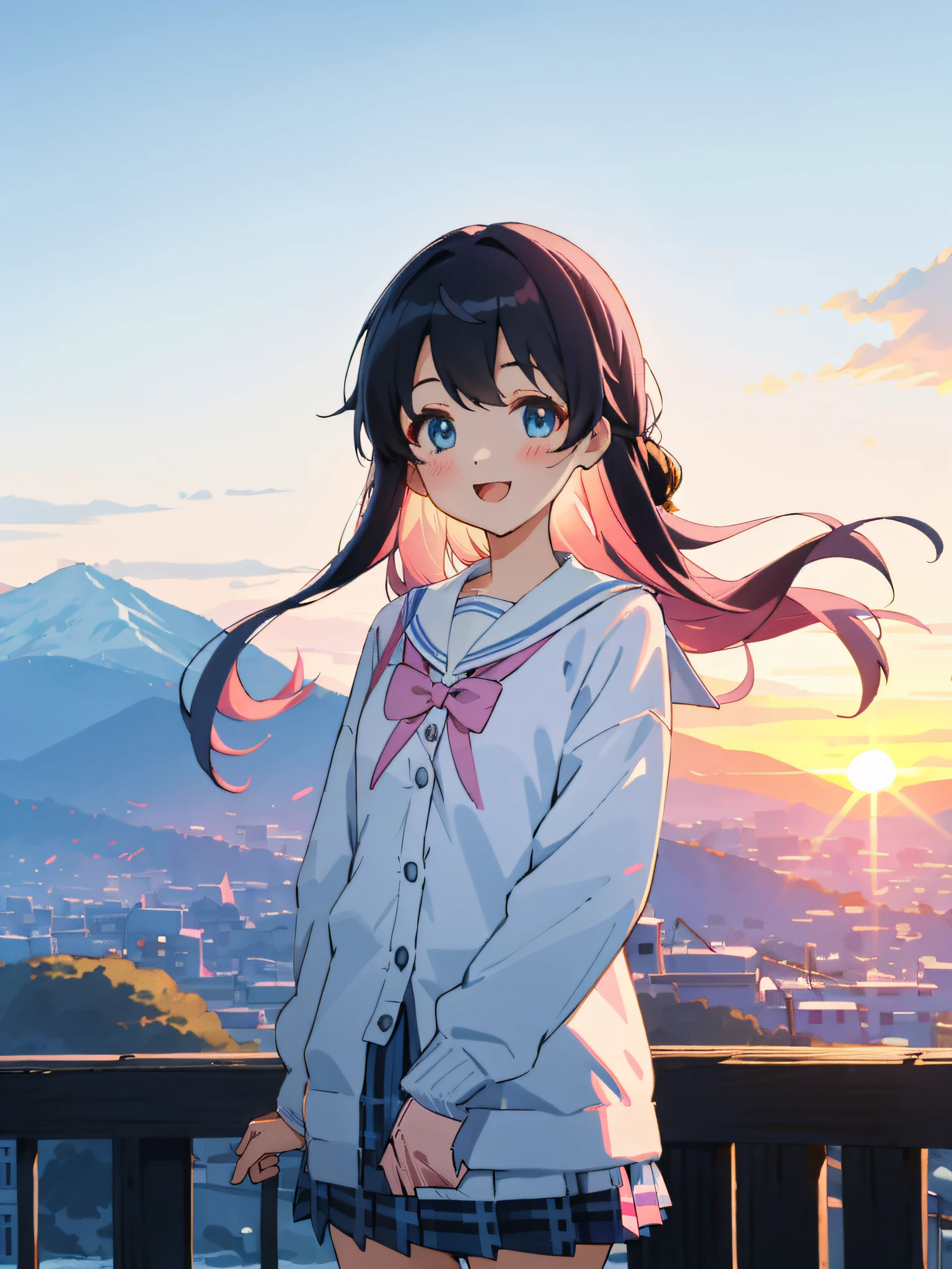 hightquality、Detailed background、Three Beautiful Girls、kawaii hair style、Cute hair colors、Cute colored sailor suit、white sailor collar、Cute plaid pleated skirt、Cute colored school cardigan、Stockings in bright colors、Winter Mountains々々々々、Sunrise from the summit、the morning sun、Smiling、pantie shot
