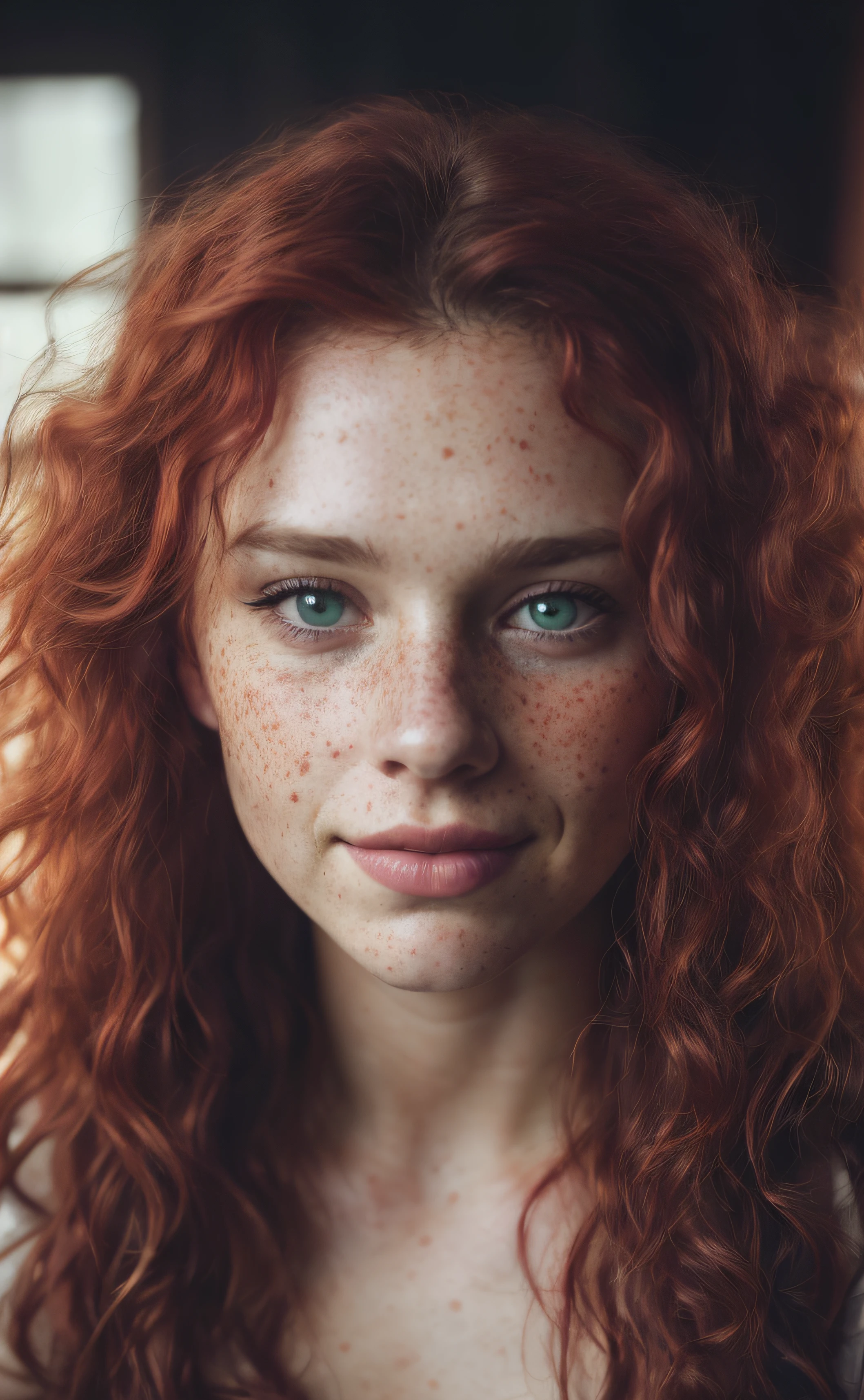 (close-up, editorial photograph of a 30 year old woman), (highly detailed face:1.4) (smile:0.7) (background inside dark, moody, private study:1.3) POV, by lee jeffries, nikon d850, film stock photograph ,4 kodak portra 400 ,camera f1.6 lens ,rich colors, hyper realistic ,lifelike texture, dramatic lighting , cinestill 800, wavy hair, messy hair, curls, red hair, freckles, green eyes, white skin, viking hair, nordic tatto, forest, daylight, athletic body, mischievous smile, perfect, master piece, high details, witchcraft, goddess, astral plane