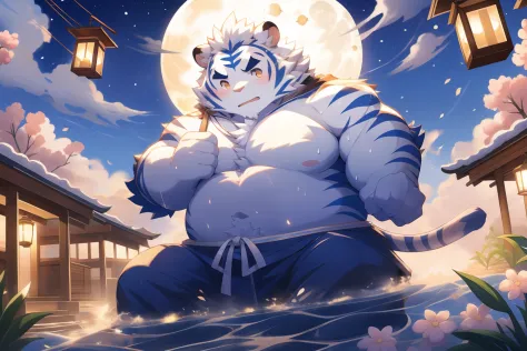 tmasterpiece，the night，Anthropomorphic white tiger，male people，26 year old，Thick eyebrows，Light blue fur，Strong body，large pecs，bare full body，Pink milk clusters，White six-foot trousers，medium bulge，Soak in an open-air hot spring，vapour，sweat leggs，Mysteri...