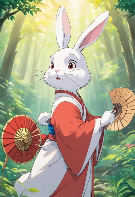 There is a rabbit，Chinese round fan in hand, Rabbit, A rabbit, White ...