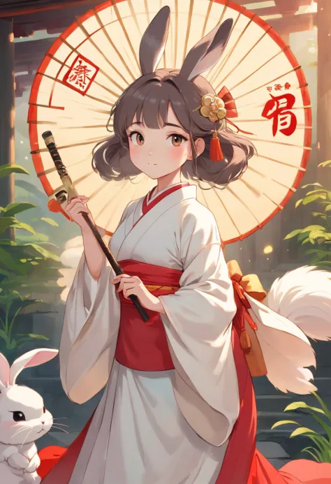 There is a rabbit，Chinese round fan in hand, Rabbit, A rabbit, White rabbit, Rabbit_Bunny,, anthropomorphic rabbit, the white rabbit, With a fan, Rabbit ears, A rabbit in Hanfu, Wearing ancient Chinese clothes, White Hanfu, Traditional Chinese clothing, wi...