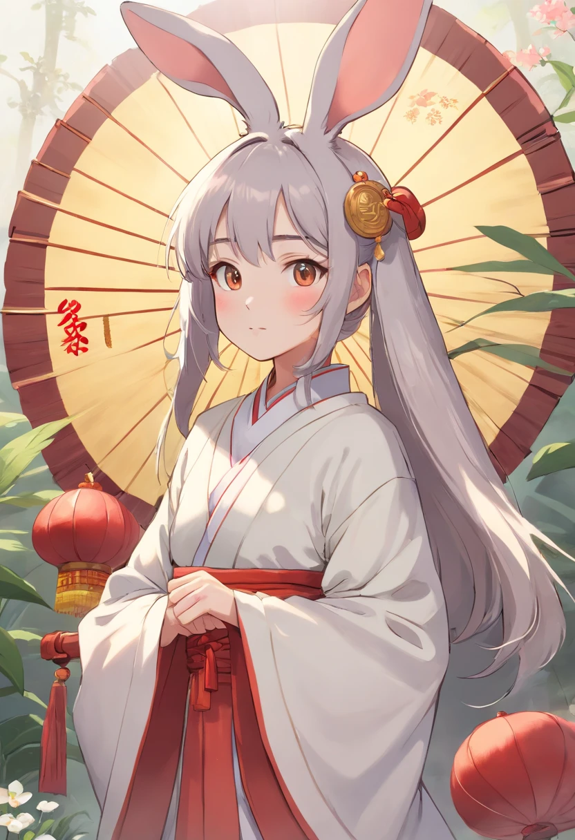 There is a rabbit，Chinese round fan in hand, Rabbit, A rabbit, White rabbit, Rabbit_Bunny,, anthropomorphic rabbit, the white rabbit, With a fan, Rabbit ears, Rabbit in Hanfu, Rabbit in ancient Chinese clothes, The rabbit in white Hanfu, Traditional Chinese clothing, with acient chinese clothes, full-body xianxia, Chinese style, Chinese costume, 8K))inspired by Kanbun Master, in style of hayao miyazaki, rabbit face only, studio ghibli filter, edgBunny_Character