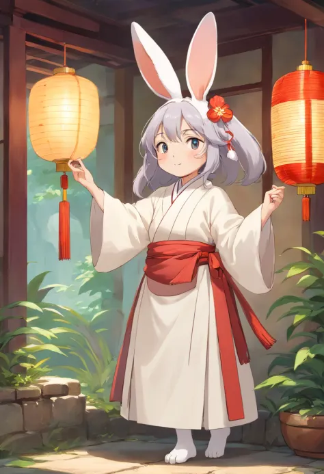 There is a rabbit，Chinese round fan in hand, Rabbit, A rabbit, White rabbit, Rabbit_Bunny,, anthropomorphic rabbit, the white rabbit, With a fan, Rabbit ears, Rabbit in Hanfu, Rabbit in ancient Chinese clothes, The rabbit in white Hanfu, Traditional Chines...
