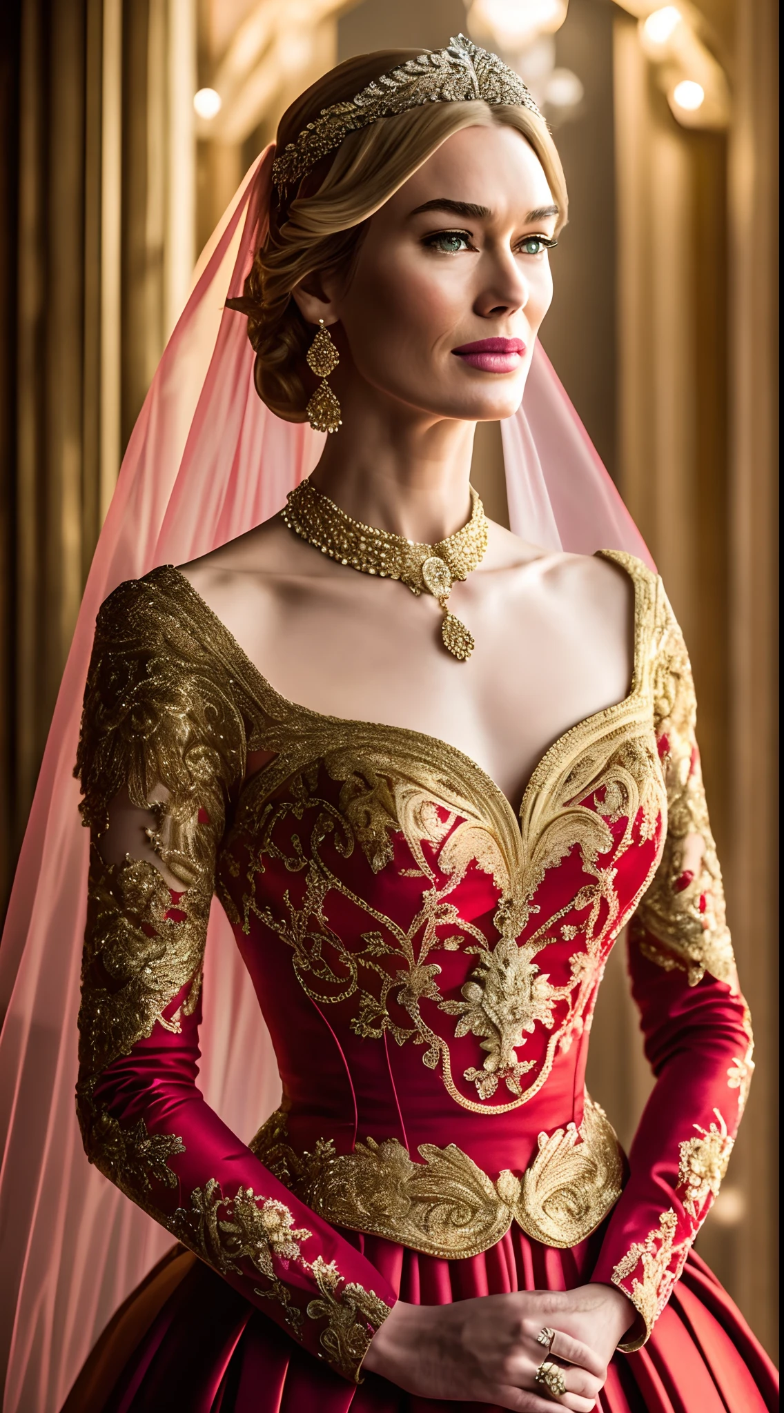 hyper real full-body photo of [Cersei Lannister|Lena Headey], (red-and-gold wedding dress:1.2), beautiful, sexy, 1girl, blond, make-up, red lips, realistic proportions, realistic pupils, limited palette, highres, absurdres, cinematic lighting, 8k resolution, front lit, HDR, sunrise, RAW photo, Nikon 85mm, Award Winning, Glamour Photograph, extremely detailed, mind-bending