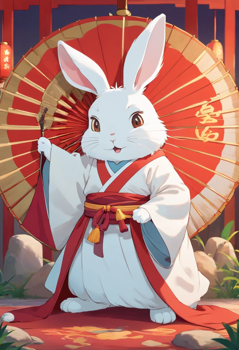 There is a rabbit，Chinese round fan in hand, Rabbit, A rabbit, White ...