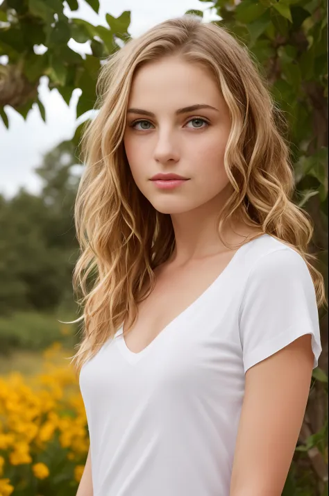 ((European pre-teen)), horny girl, t-shirt style dress, v-neck, no panties, vagina with small hairs, close-up from thighs to face, shot from below, very fair skin, very long hair, wavy hair, blonde hair, garden, sunrise, photorealistic, indirect lighting, ...
