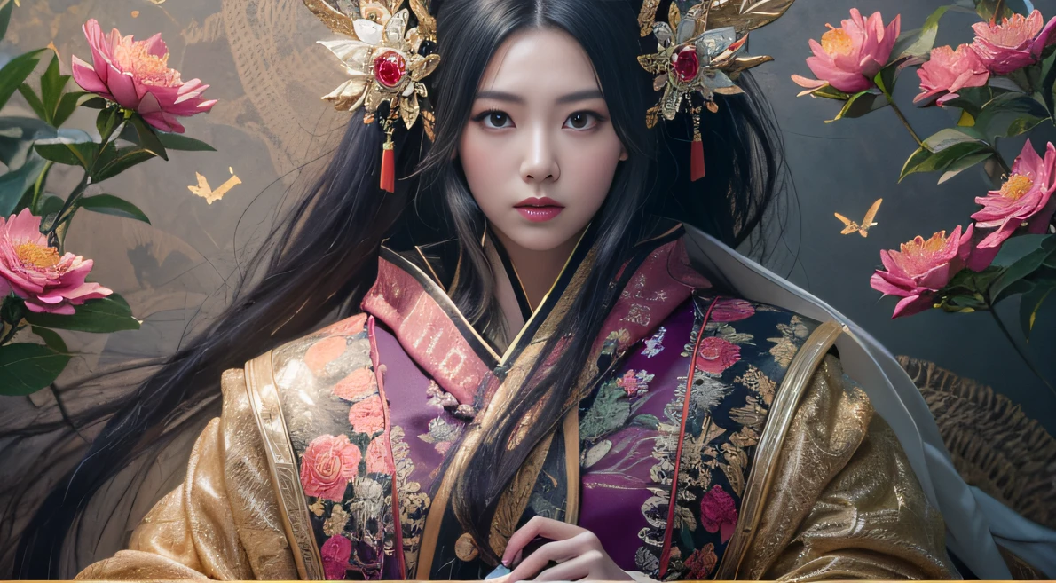 32K（tmasterpiece，k hd，hyper HD，32K）Long flowing black hair，Gold jewelry area in the back room，Smoke ring girl ，Peony flowers fly （realisticlying：1.4），Carp pattern robe，Purple-pink tiara，Pear blossoms flutter，Hermes orange background pure，Hold your head high，Be proud，The nostrils look at people， A high resolution， the detail， RAW photogr， Sharp Re， Nikon D850 Film Stock Photo by Jefferies Lee 4 Kodak Portra 400 Camera F1.6 shots, Rich colors, ultra-realistic vivid textures, Dramatic lighting, Unreal Engine Art Station Trend, cinestir 800，Hold your head high，Be proud，The nostrils look at people，32K（tmasterpiece，k hd，hyper HD，32K）Long flowing black hair，Backroom pond，zydink， a color， Asian people （A unicorn）， （Silk scarf）， Combat posture， looking at viewert， long whitr hair， Floating hair， Hanfu， Chinese clothes， longer sleeves， （Abstract propylene splash：1.2）， Hermes orange background，Kirin Beast Protector （realisticlying：1.4）， （realisticlying：1.4），Scratching has a taste，The nostrils look at people， A high resolution， the detail， RAW photogr， Sharp Re，