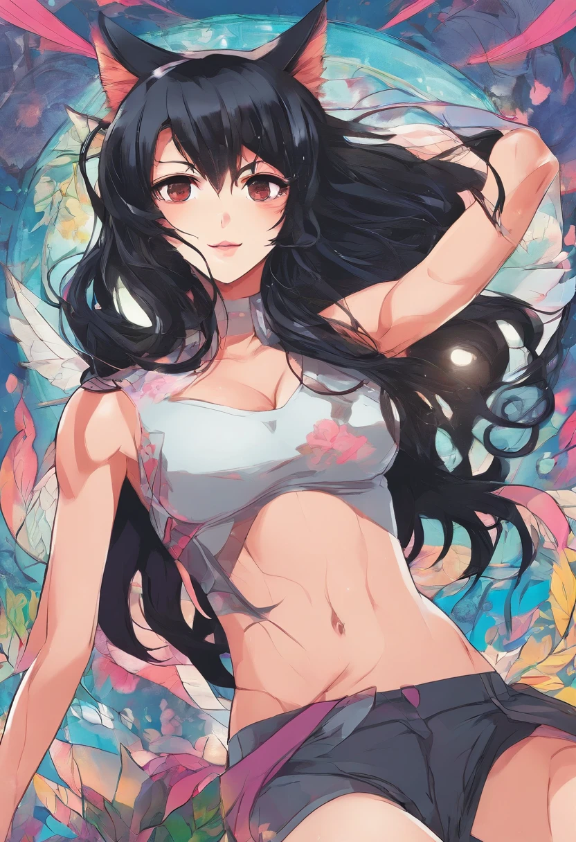 A woman in a bikini top and black shorts with a cat ears - SeaArt AI