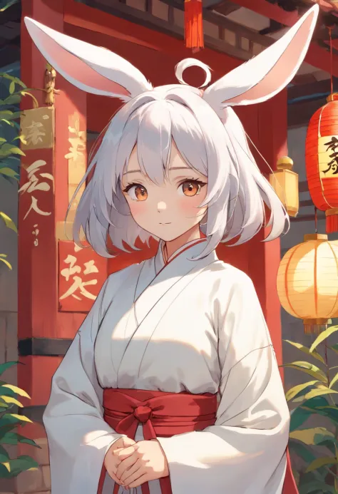 There is a rabbit，Chinese round fan in hand, Rabbit, A rabbit, White rabbit, Rabbit_Bunny,, anthropomorphic rabbit, the white rabbit, With a fan, Rabbit ears, Rabbit in Hanfu, Rabbit in Chinese costume, Rabbit in white hanfu, Traditional Chinese clothing, ...