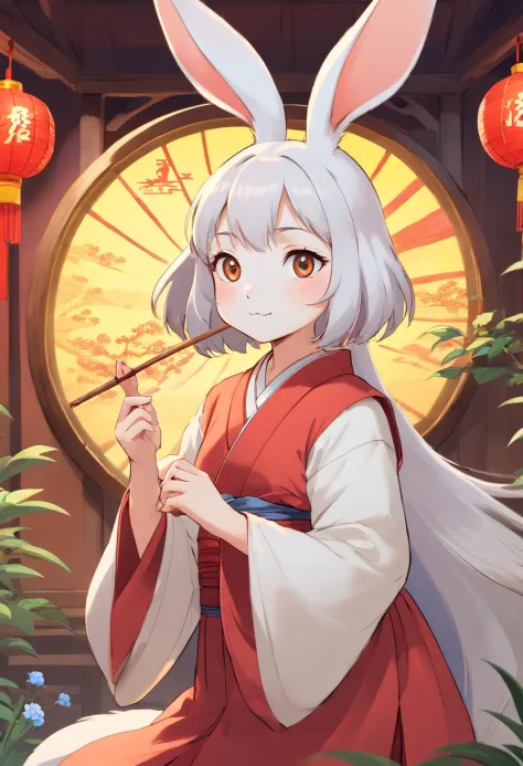 There is a rabbit，Chinese round fan in hand, Rabbit, A rabbit, White rabbit, Rabbit_Bunny,, anthropomorphic rabbit, the white rabbit, With a fan, Rabbit ears, Rabbit in Hanfu, Rabbit in Chinese costume, Rabbit in white hanfu, Traditional Chinese clothing, ...