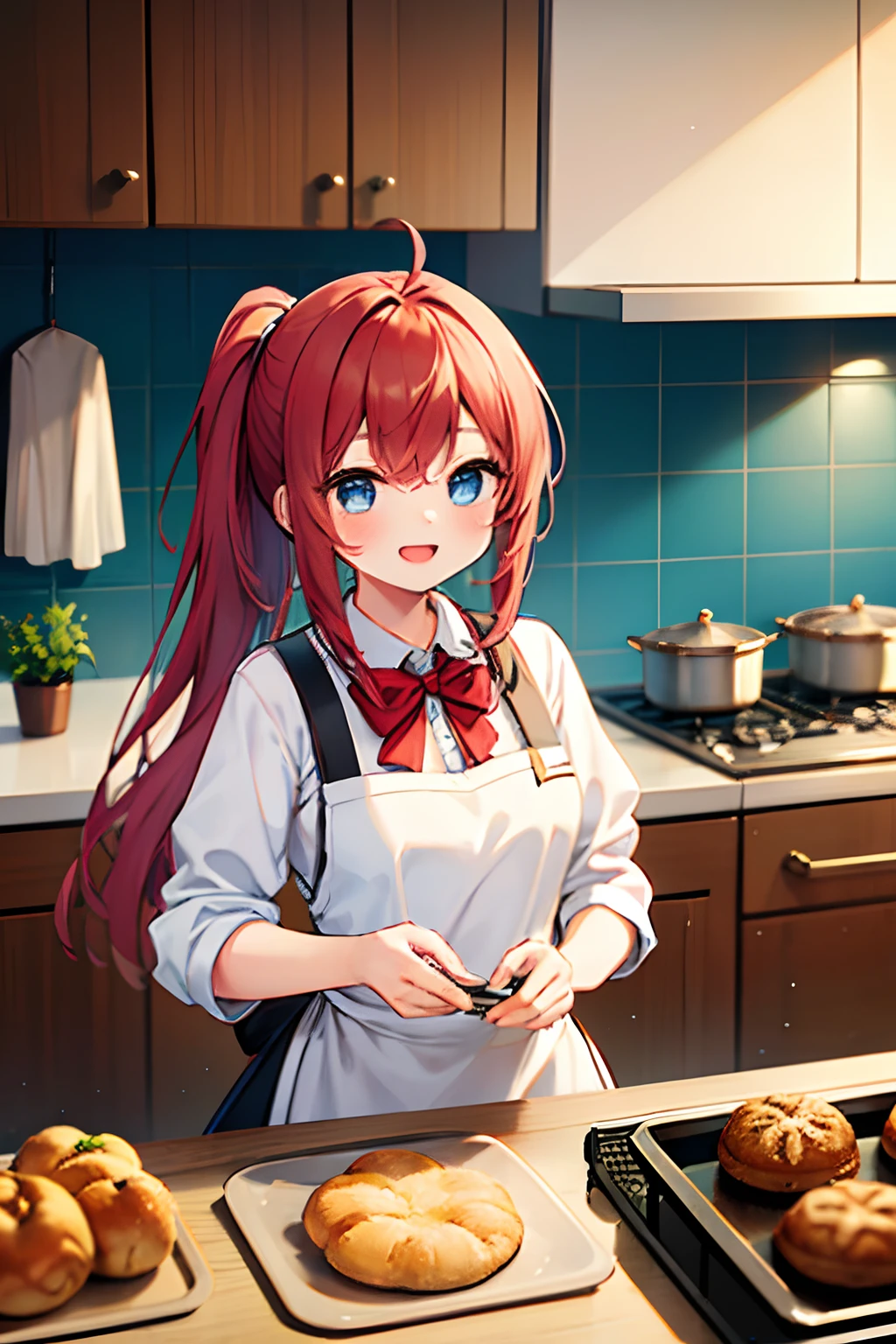 1girl, young girl, masterpiece, high quality, red hair, long hair, straight hair, ponytail, blue eyes, in the kitchen, with oven, holding a cooking bowl, holding a whisk, stirring the dough, baking, wearing a apron, happy