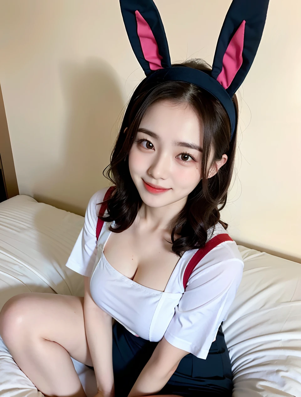 Arafed asian woman in bunny ears sitting on a bed - SeaArt AI