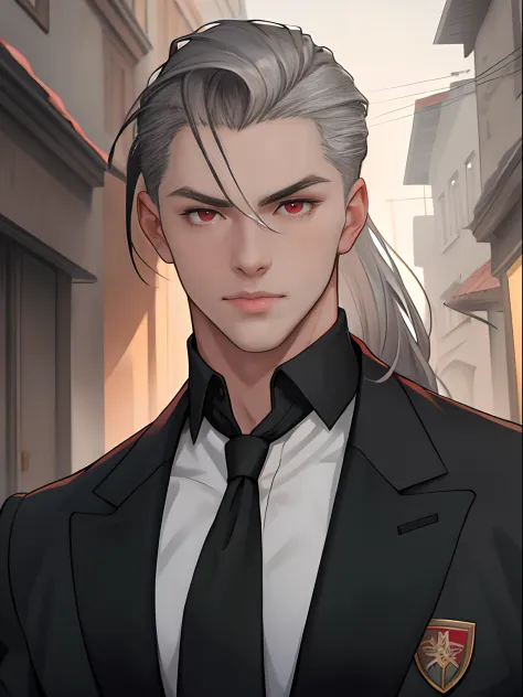 masterpiece, 1boy, young, handsome, grey slicked back long hair, perfect face, detailed eyes and face, red eyes, school uniform, clean shaved, muscular, capturing a european street atmosphere, dynamic lighting