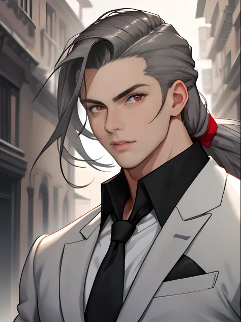 masterpiece, 1boy, young, handsome, grey slicked back long hair, perfect face, detailed eyes and face, red eyes, school uniform, clean shaved, muscular, capturing a european street atmosphere, dynamic lighting