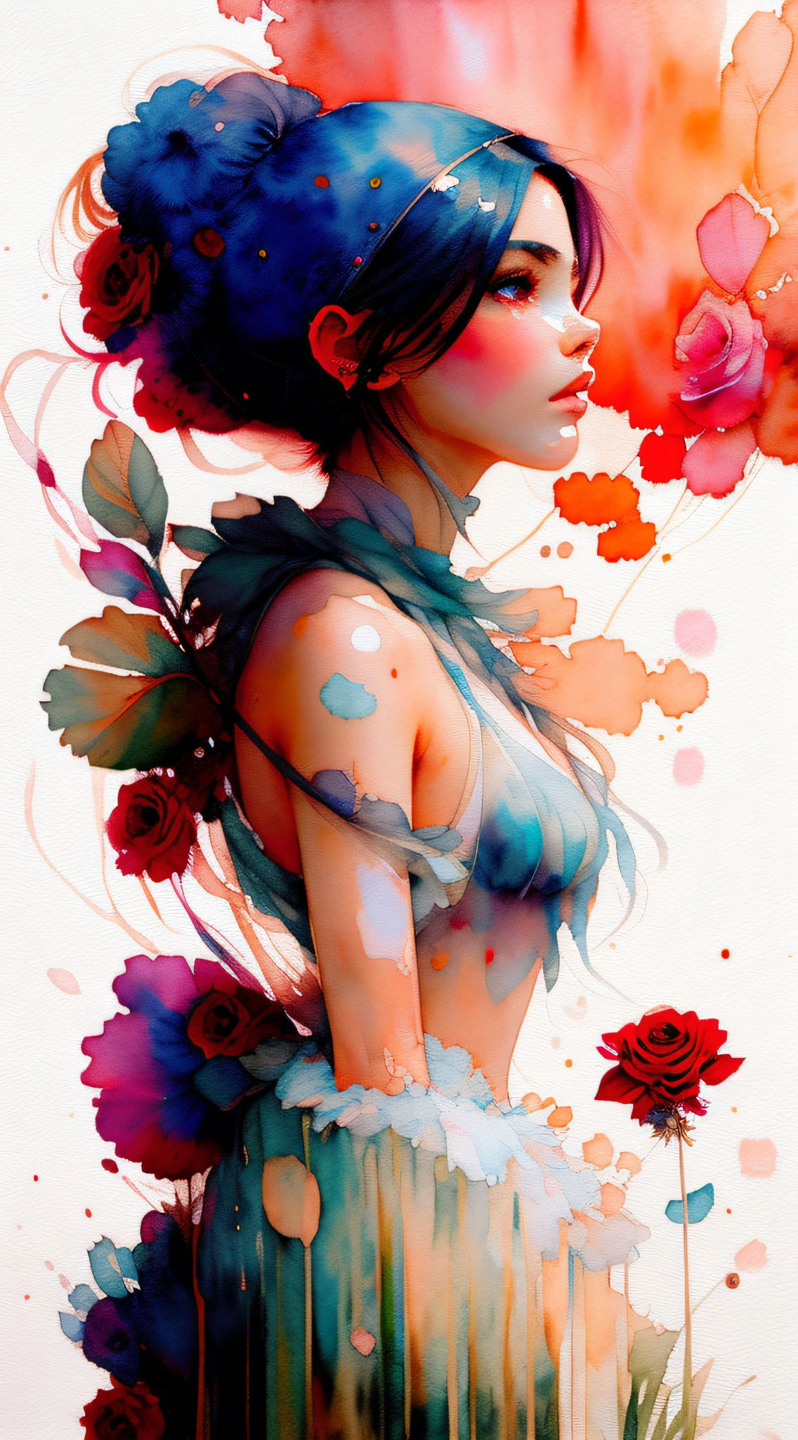 wtrcolor style, (rose) digital art, official art, blown by the wind, masterpiece, beautiful, ((watercolor)), paint splatter, intricate detail. Great detail, [dripping:0.7], Trending on Artstation, Rachel Walker