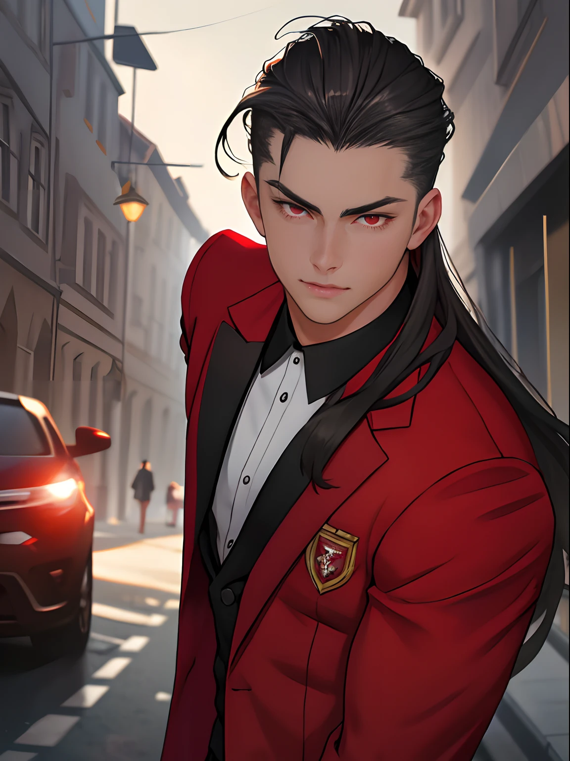 Anime guy in red jacket standing in the middle of a street - SeaArt AI